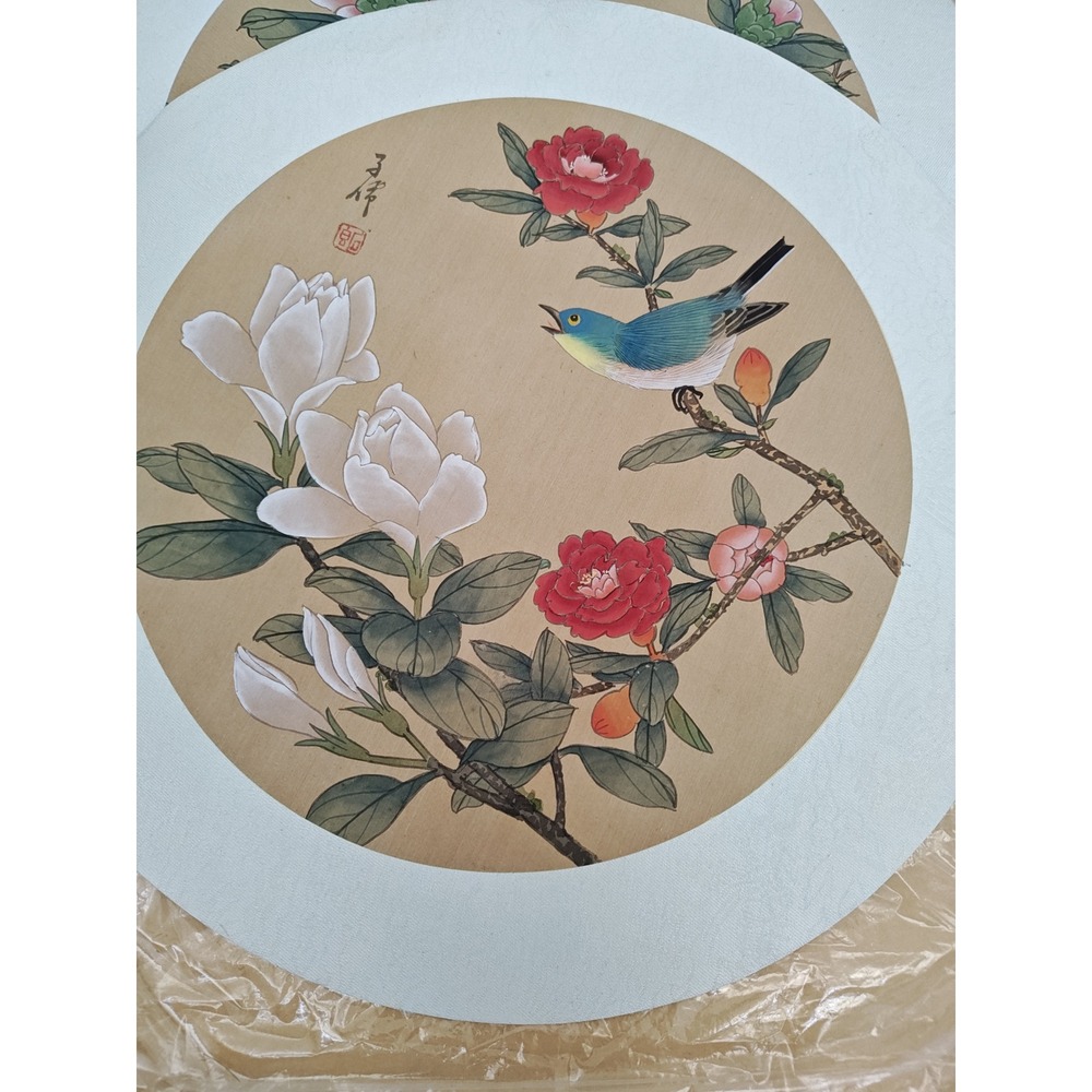 Silk Painting Set Multicolor Bird Flower Gongbi Style Circular Art 4pc Set - Picture 3 of 4